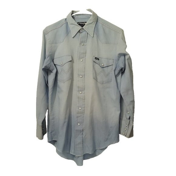 Wrangler Vintage Mens Extra Long Tails Shirt Size 15.5 Pearl Snap Blue Faded USA - Picture 16 of 16